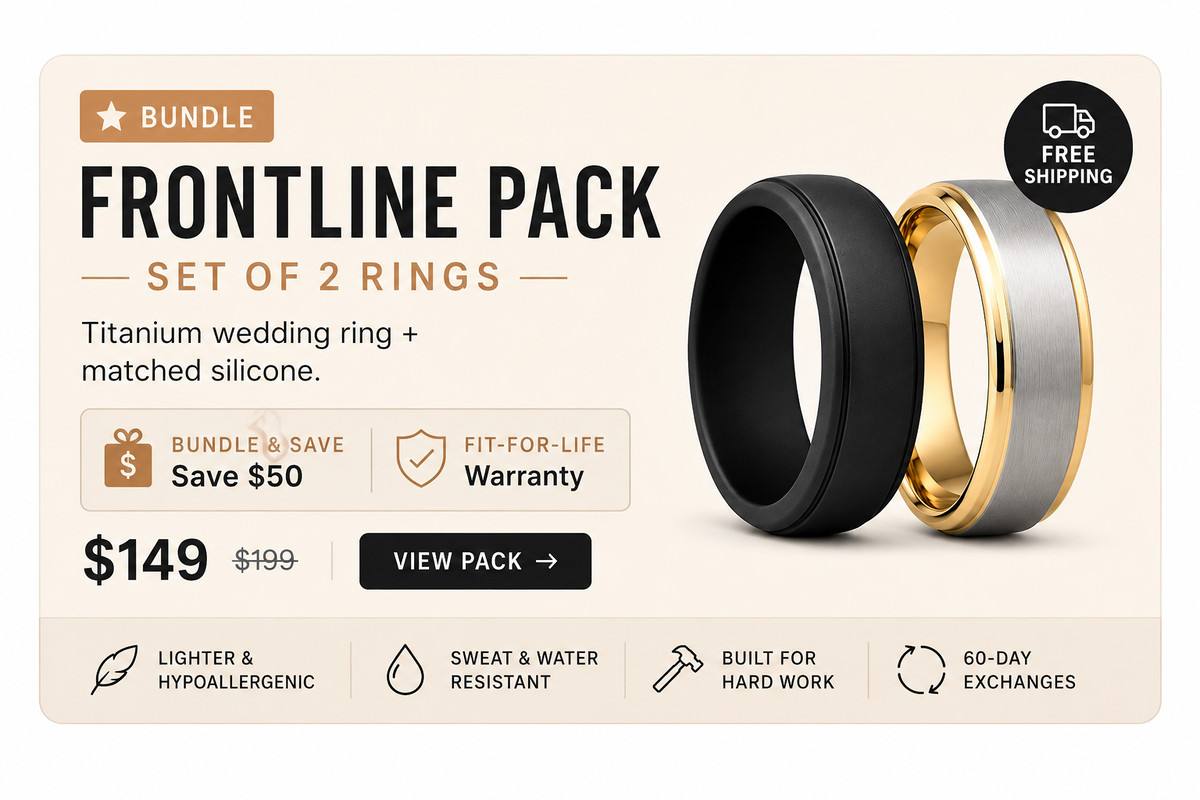 Frontline Pack set of two rings: titanium wedding ring and matched black silicone ring