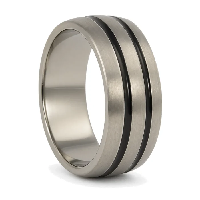 Titanium Mens Ring with Dual Black Inlay