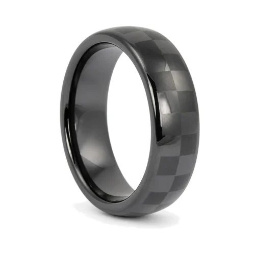 Men's Black 6mm Ceramic Ring with Chequered Pattern