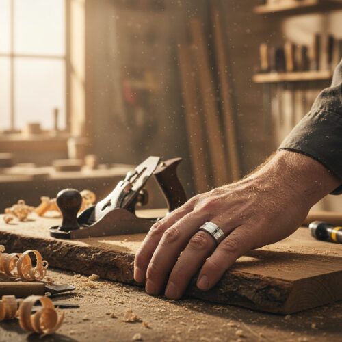 FTR-053-Wide-Flat-Polished-Tungsten-Ring-with-Dual-Brushed-Line-Accents-Carpenter Wide Flat 8mm Polished Tungsten Ring with Dual Brushed Line Accents