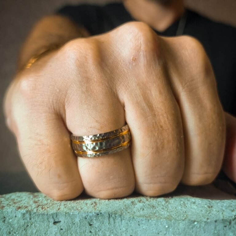Hammered Gold And Titanium 8mm Wedding Band
