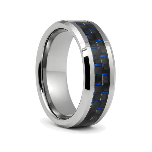 Carbon Fibre 8mm Tungsten Ring with Blue Highlights