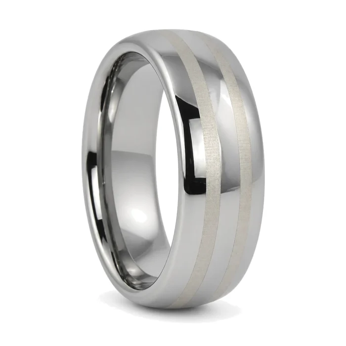 Dome Polished 8mm Tungsten Ring with Brushed Center Line Accents