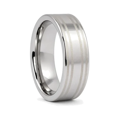 Wide Flat 8mm Polished Tungsten Ring with Dual Brushed Line Accents