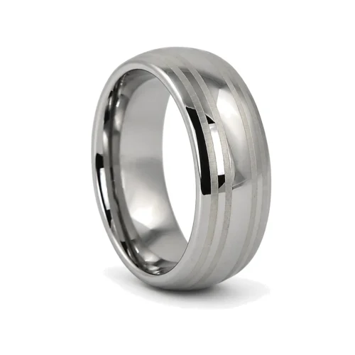 Dome Polished 8mm Tungsten Ring with Dual Brushed Line Accents