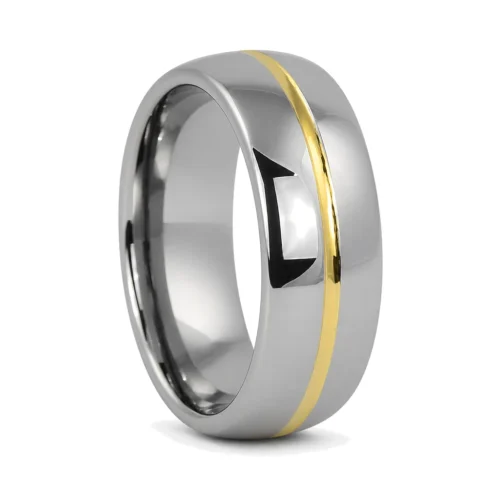 Polished Dome 8mm Tungsten Ring with Gold Center Line