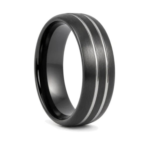 Black Brushed Tungsten 8mm Ring With Twin Grooves