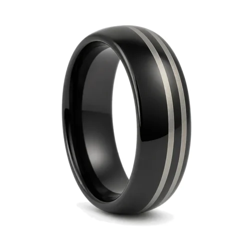 Black Tungsten 8mm Men's Ring With Twin Offset Stripes