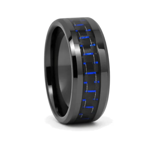 Black Ceramic 8mm Men's Ring With Blue Carbon Fiber