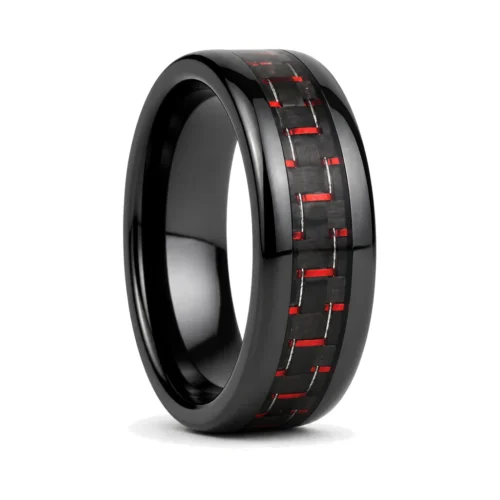 Black Ceramic 8mm Men's Ring With Red Carbon Fiber