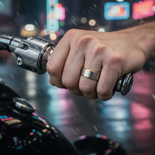 ITR-071-Mens-Titanium-Ring-with-Gold-Edge-Motorcycle-Rider Mens Titanium 8mm Ring with Gold Edge