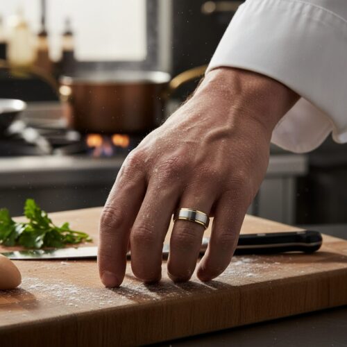 ITR-106-Polished-Titanium-Mens-Ring-with-Gold-Edge-1-Chef Satin Titanium 6mm Men’s Ring with Polished Gold Edge