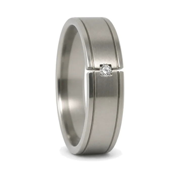 Satin Finished 7mm Mens Wedding Ring With Simulated Diamond