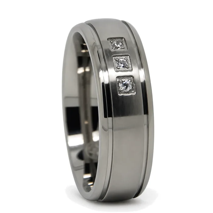 Mens Titanium 7mm Wedding Ring With Triple Stones