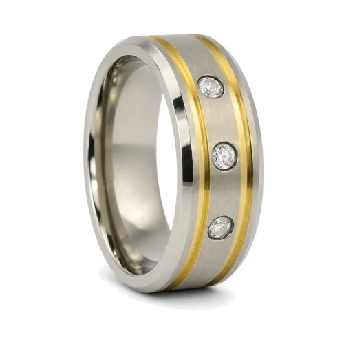 Bold Men's Titanium 8mm Wedding Ring With Twin Golden Grooves