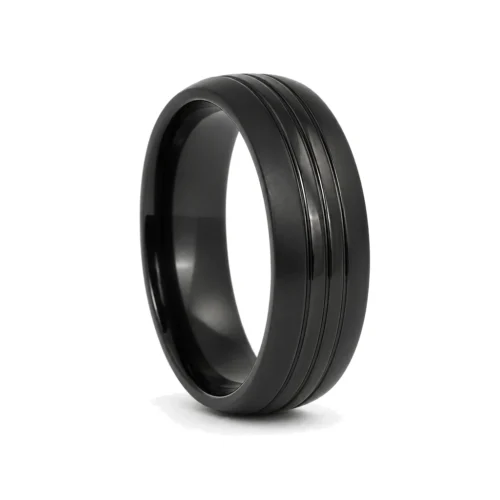 Triple Groove Black 7mm Titanium Men's Ring