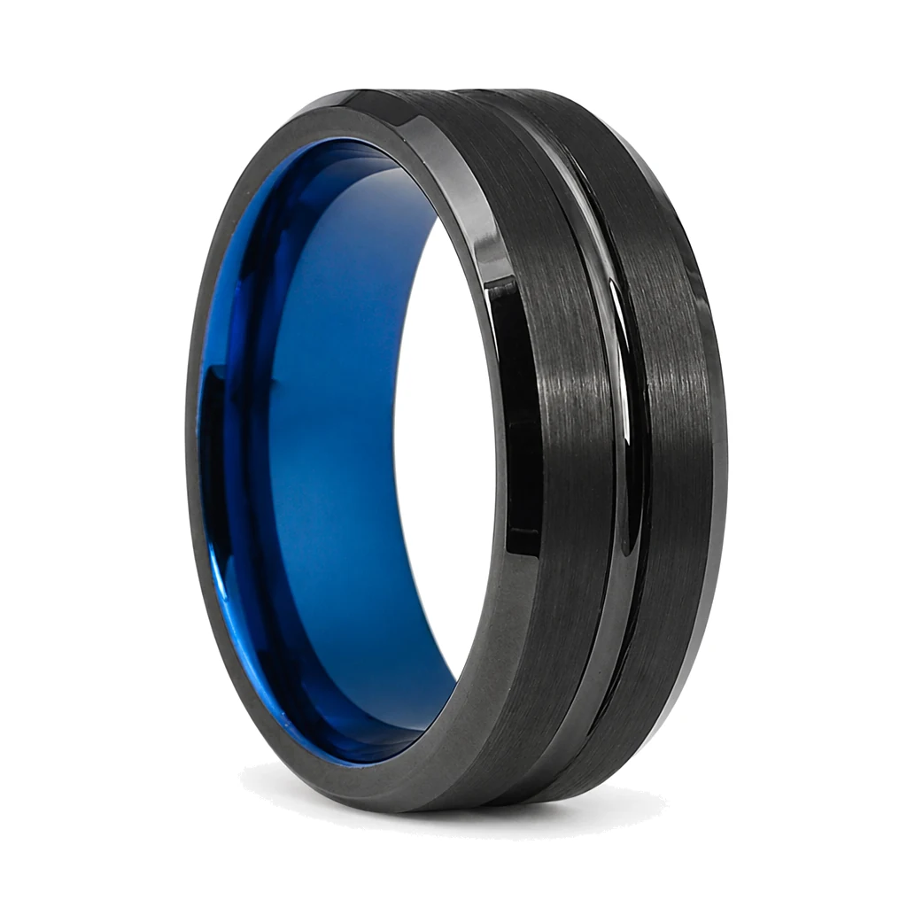 Black Tungsten 8mm Men's Ring With Blue Inner Band