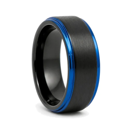 Black With Blue Edged 8mm Tungsten Men's Ring