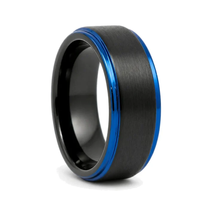 Black With Blue Edged 8mm Tungsten Mens Ring