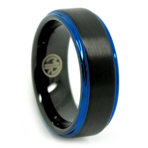 Black With Blue Edged 8mm Tungsten Mens Ring