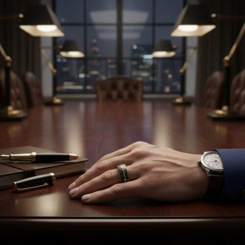 FTR-142-Tungsten-faceted-gold-mens-ring-Successful-Businessman Black and Gold Faceted 8mm Tungsten Mens Ring