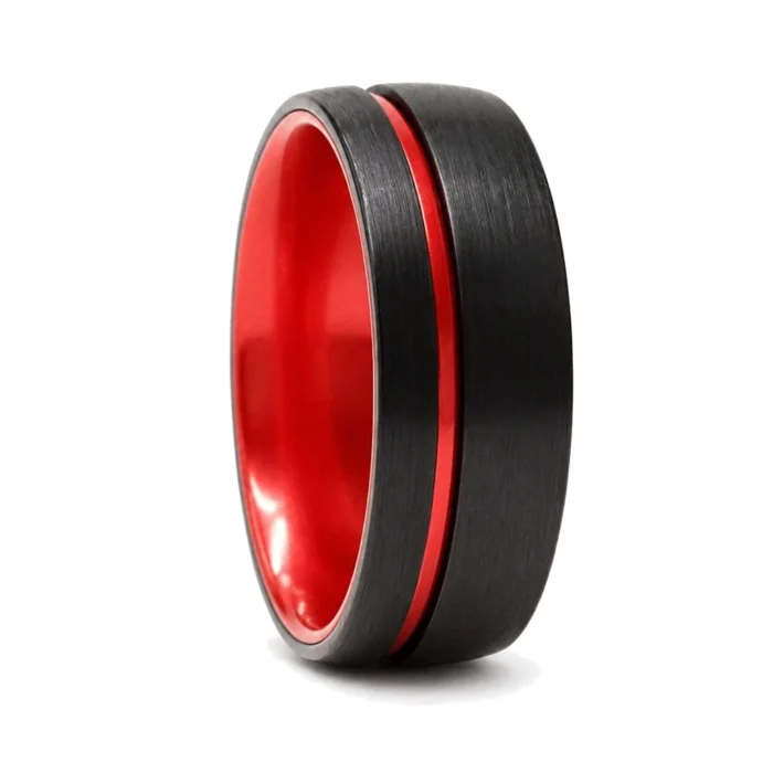 Black Tungsten "Neon" 8mm Mens Ring With Red Inner Band