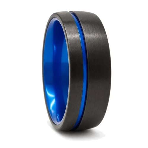 Black Tungsten "Neon" 8mm Men's Ring With Blue Inner Band