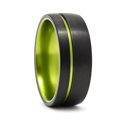 Black Tungsten "Neon" 8mm Men's Ring With Green Inner Band