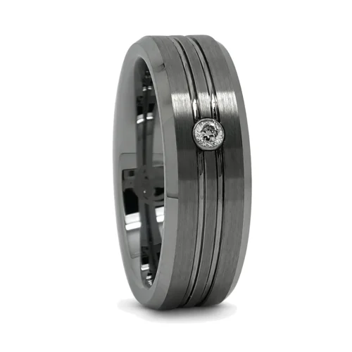Grooved Men's Engagement Ring 8mm With Single Simulated Diamond