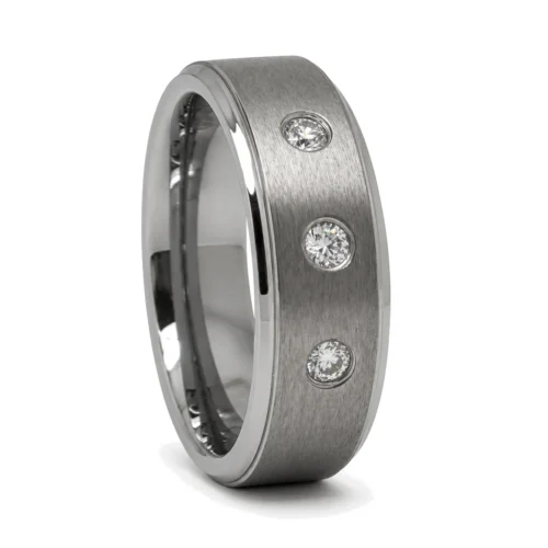 Brushed 8mm Men's Promise Ring With Triple Simulated Diamonds
