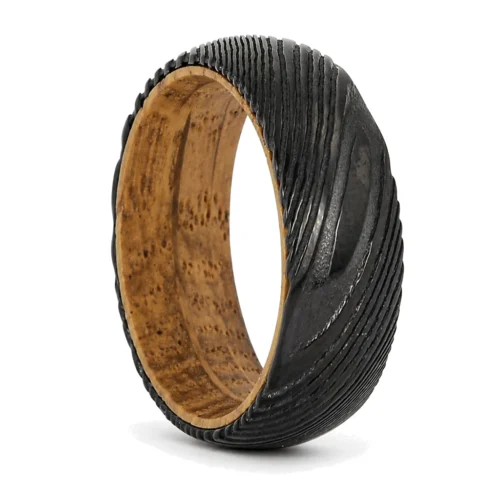 Black Damascus Steel and Whiskey Barrel Wood 8mm Men's Ring