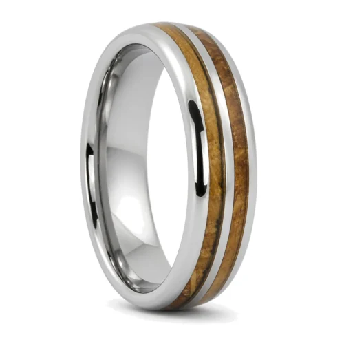Polished Tungsten and Whiskey Barrel 7mm Wood Men's Ring