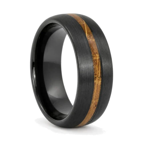 Black Satin 7mm Tungsten and Whiskey Barrel Men's Ring
