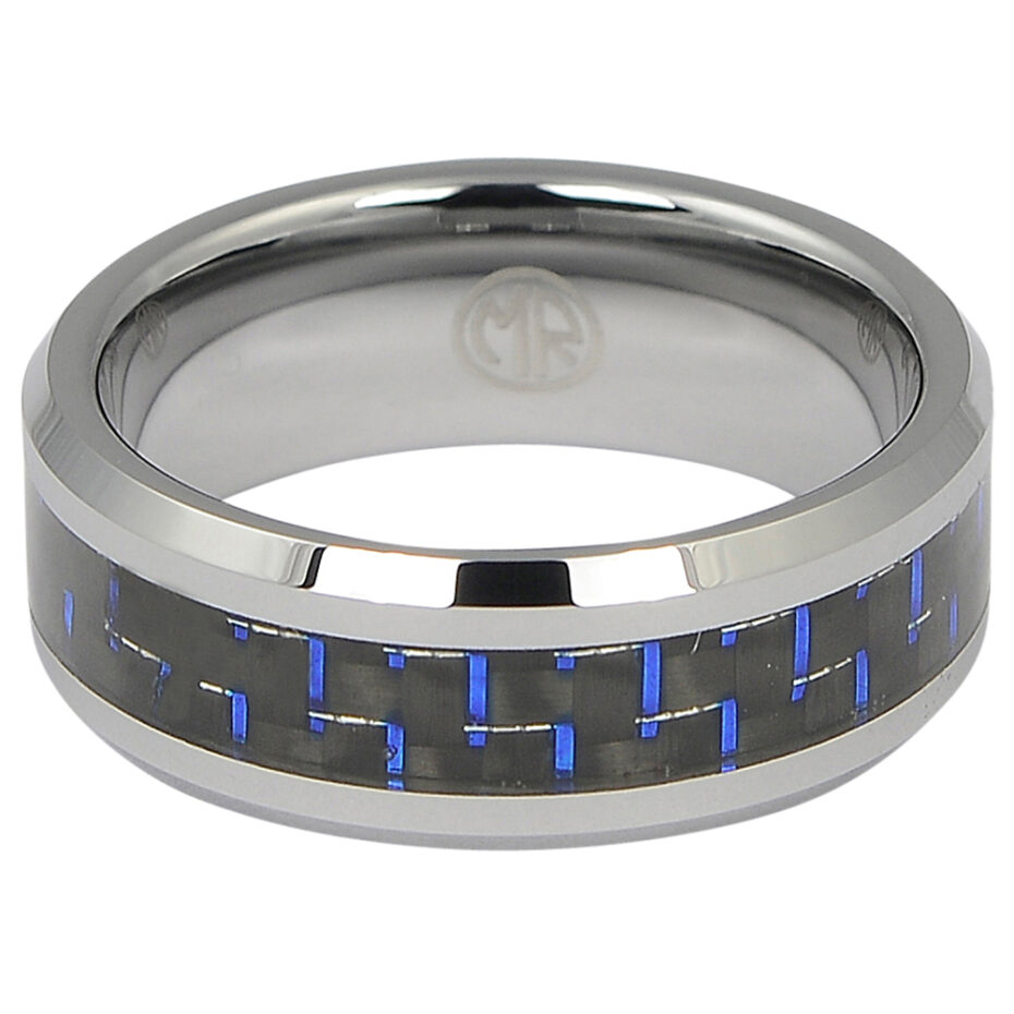 Carbon Fibre 8mm Tungsten Ring with Blue Highlights