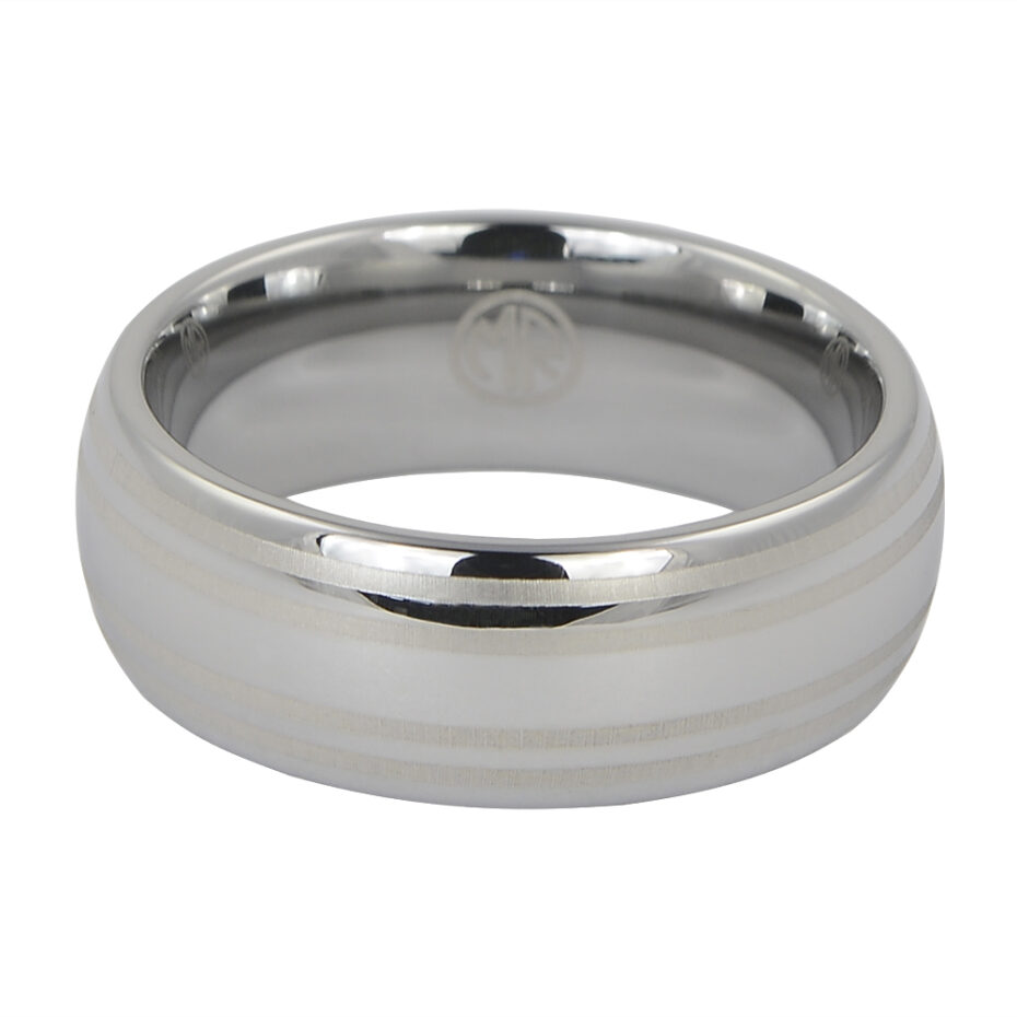 Dome Polished Tungsten Ring with Dual Brushed Line Accents