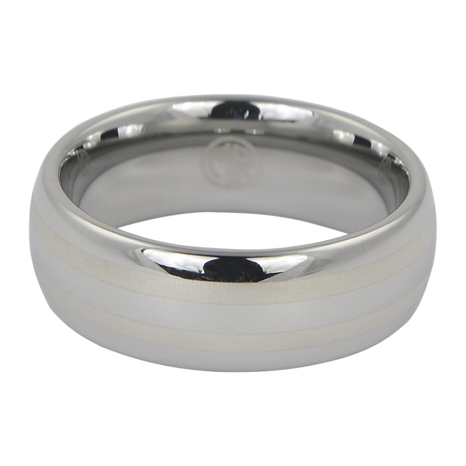 Dome Polished 8mm Tungsten Ring with Brushed Center Line Accents