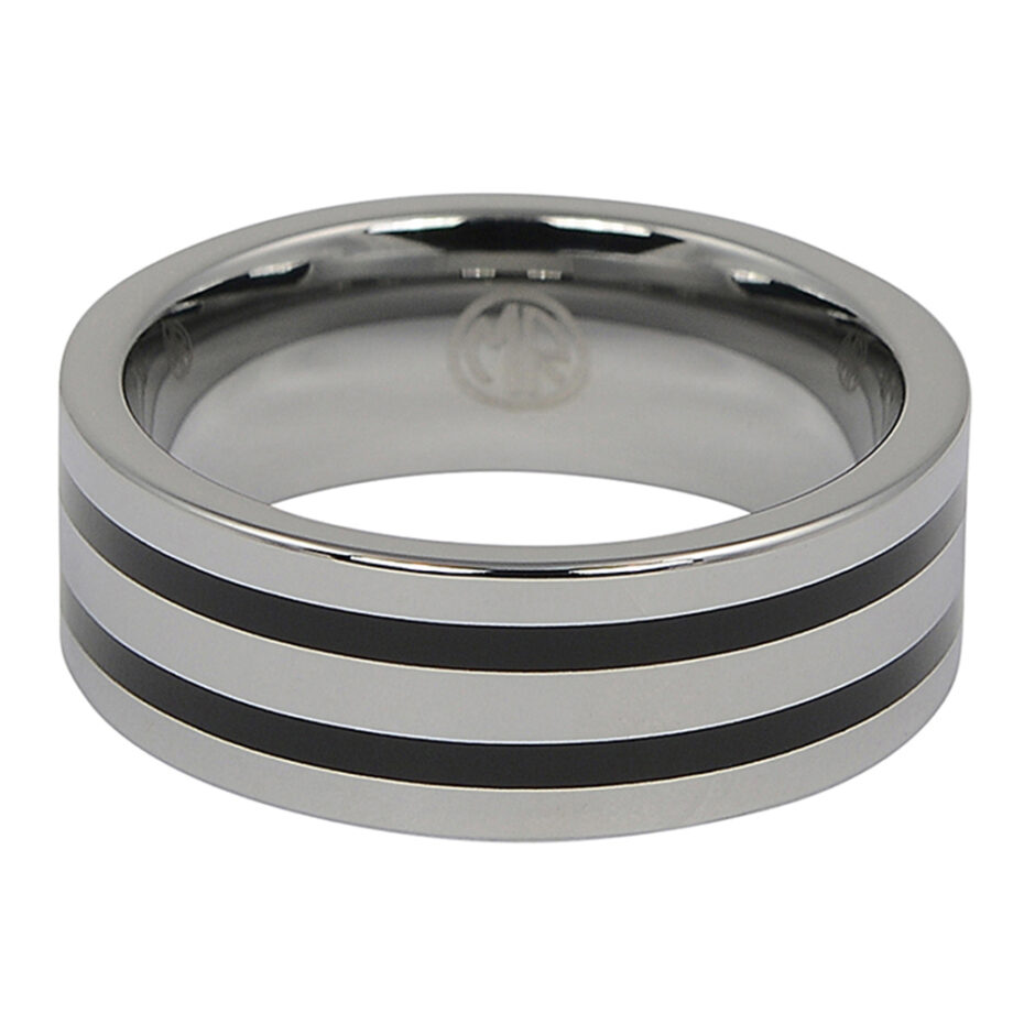 Polished Tungsten 8mm Ring With Twin Black Stripes