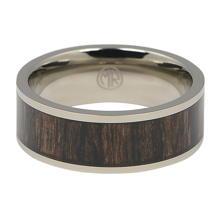 Titanium 8mm Mens Ring with Dark Hawaiian Koa Wood Centerpiece