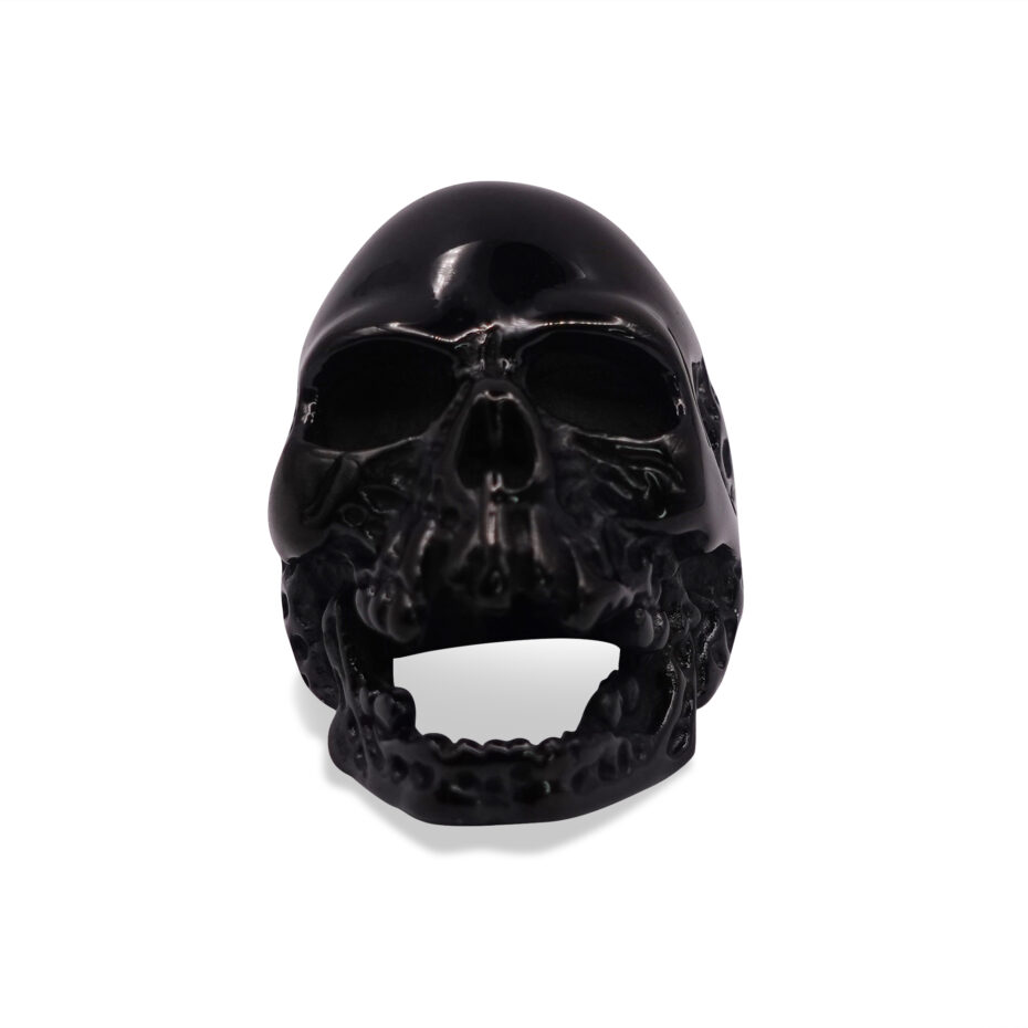 Skullstice Black Polished Signet Ring with Large Skull Head