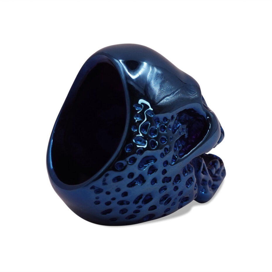 Skullstice Blue Polished Signet Ring with Large Skull Head