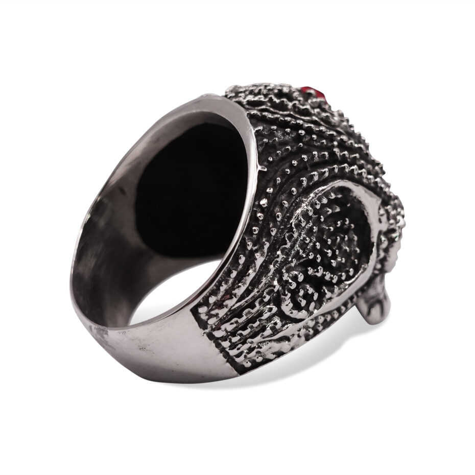 Nocturne Black Skull Signet Ring with Red Gem
