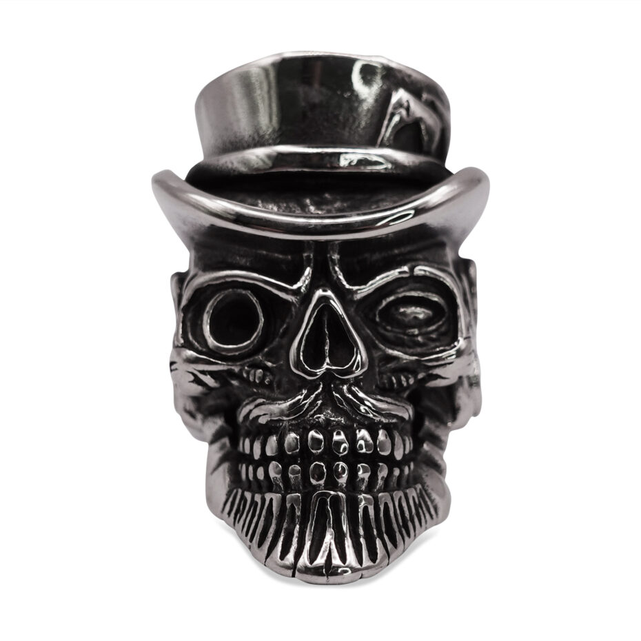 Baron Bearded Skull & Top Hat Polished Signet Ring