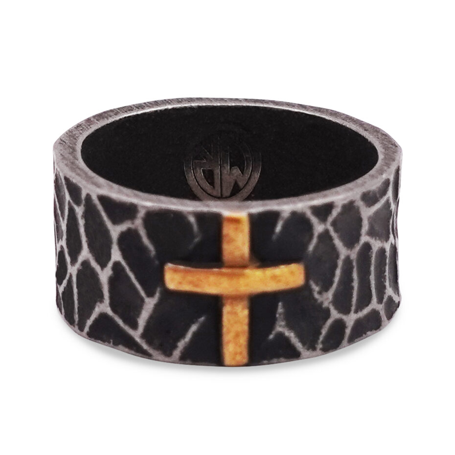 Aged Steel Hammered Signet Ring with Gold Cross