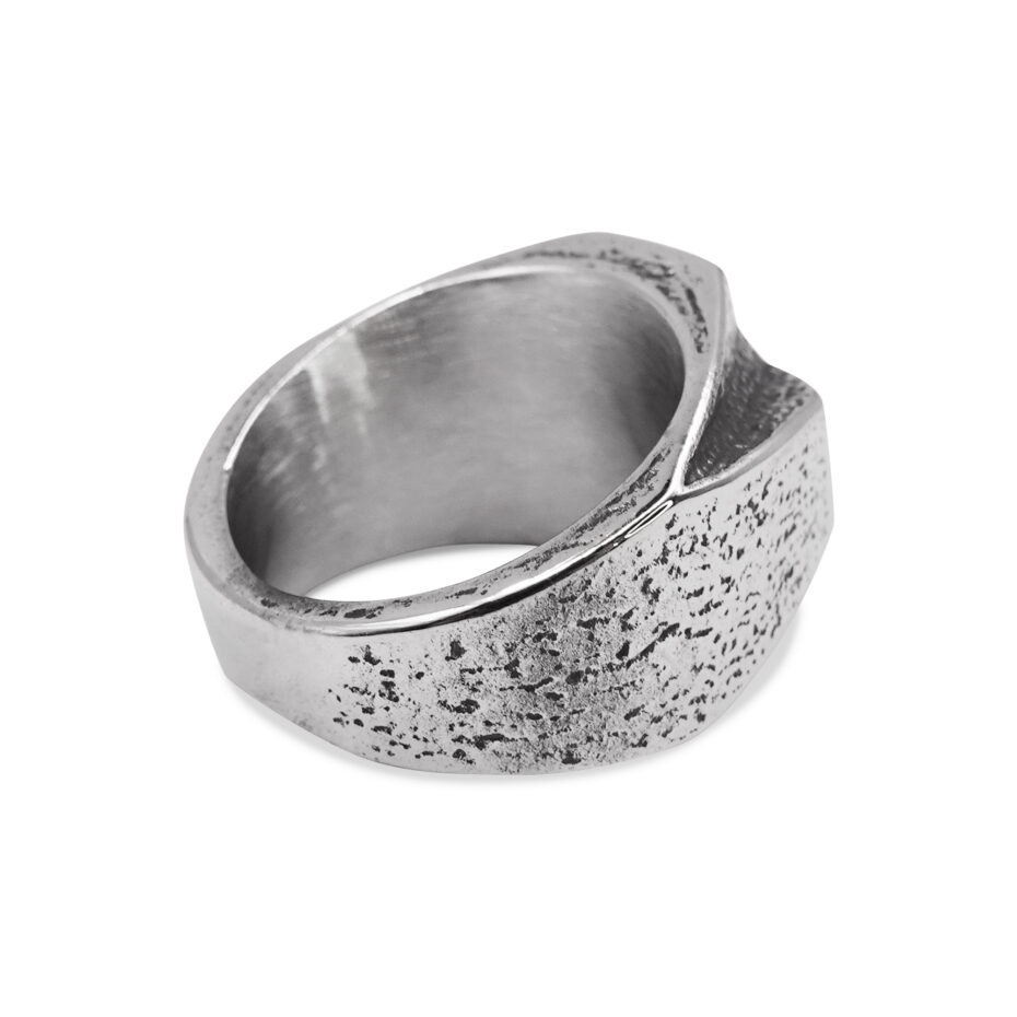 Distressed Steel Signet Ring with Chiselled Black Cross