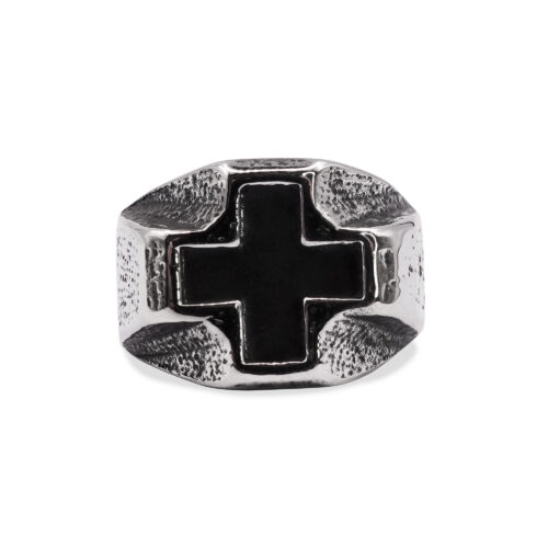 Distressed Steel Signet Ring with Chiselled Black Cross