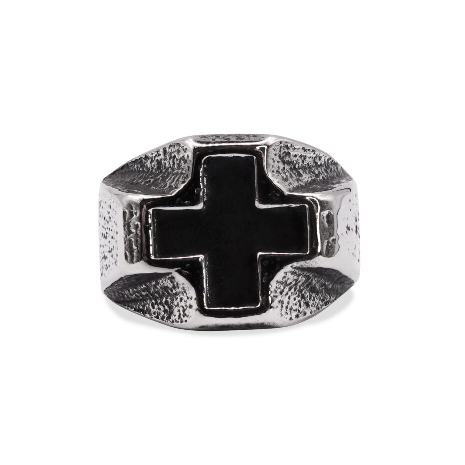 Distressed Steel Signet Ring with Chiselled Black Cross