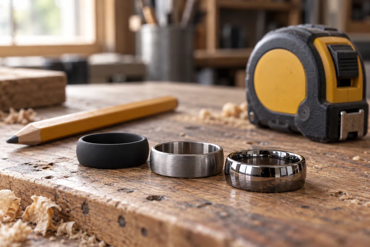 Silicone, titanium and tungsten rings on a workbench beside a tape measure