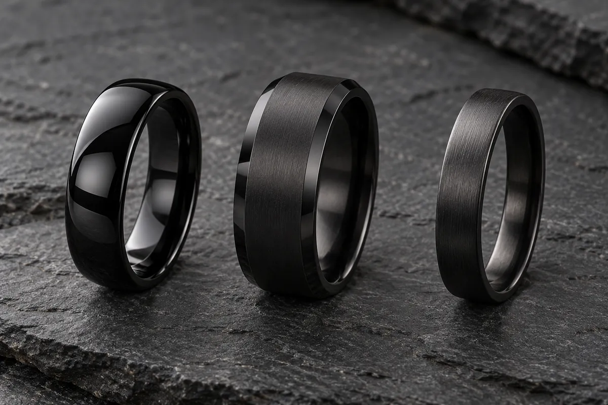 Black ceramic, tungsten and titanium rings side by side on slate