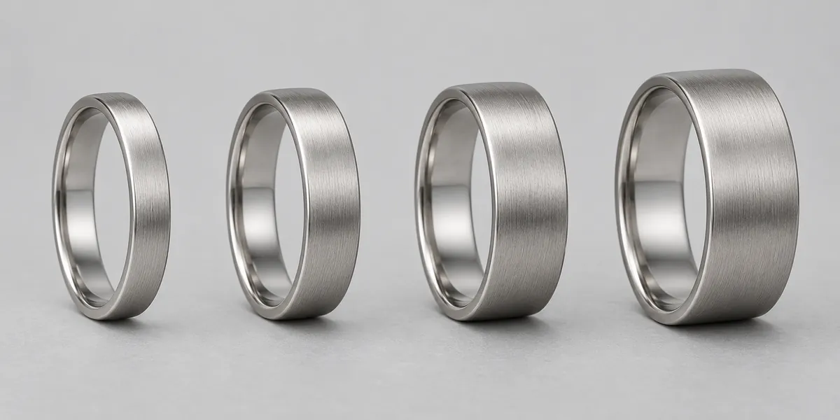 Four men's rings of different widths lined up in a row