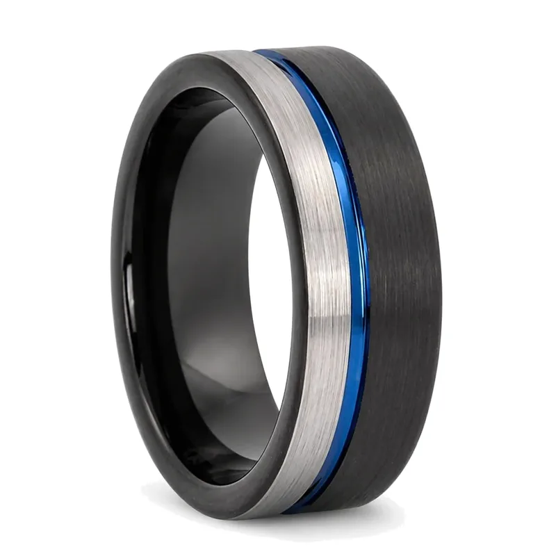 A black tungsten men's ring with a silver and blue stripe